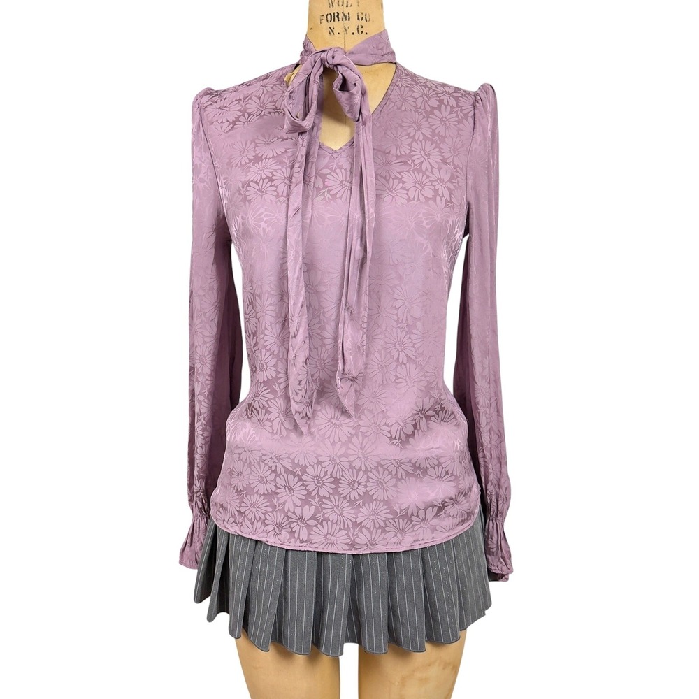 Soft Victorian Lilac Daisy Jacquard Blouse Tie Bow Neck Coquette Goth XS